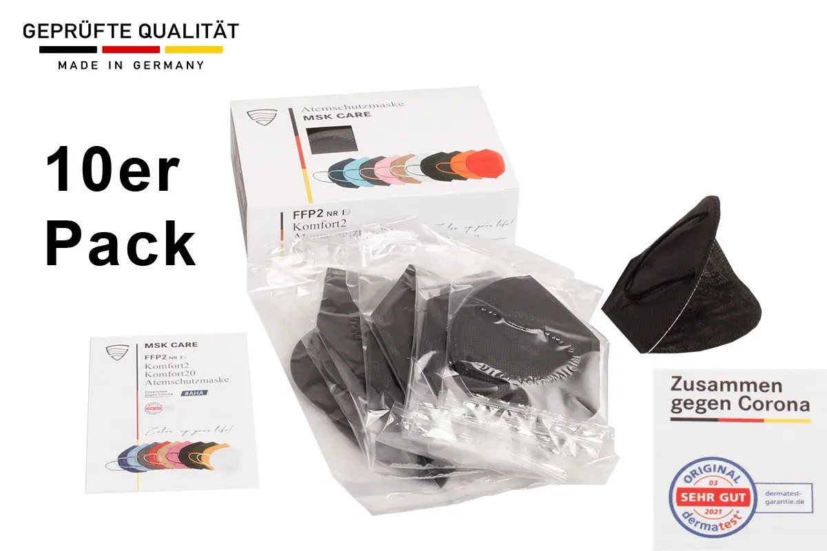 Axis Line 10 x FFP2 Maske schwarz MADE IN GERMANY Sparpack mit dermatest