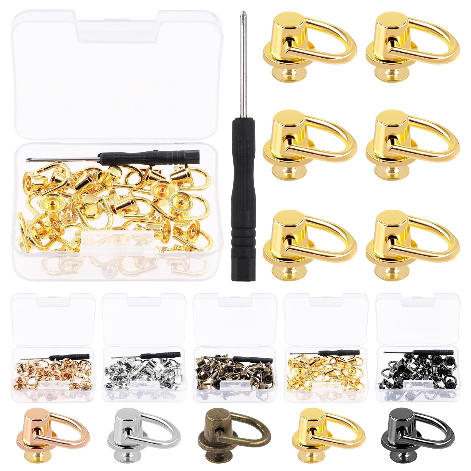 Glarks 21Pcs D Ring Rivets 5 Colors Ball Post Head Buttons Metal D Ring Stud Rivets Rotatable Round Rivets with Screwdriver, for Bags, Belts (Gold)