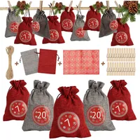 TolleTour 24 Adventskalender zum Befüllen, Adventskalender Stoffbeutel Säckchen mit 1-24 Sackleinen Taschen Jutesäckchen,Rot/Grau - Rot