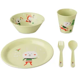 Kindergeschirr-Set KOZIOL "HOP ON AT HOME", grün (pistachio), 4 tlg., Kunststoff, Geschirr-Sets, (Teller, Schale, Becher, Besteckset), melaminfrei