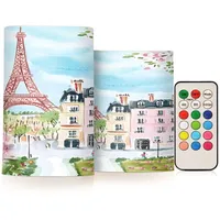 Mnsruu Flackernde flammenlose Kerzen, Aquarell, Paris, Eiffelturm, LED-Kerzen mit Fernbedienung, Timer, 2 Stück, batteriebetriebene Kerzen, Heimdekoration