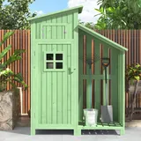Gerätehaus Geräteschuppen mit sattelförmige Struktur PVC Dach, Gartenbox mit Fundament und 2 großen Stauraum Ablagen, Gartenbox wasserdicht Outdoor Schrank, Gartenhütte Gerätehäuser 124x46x174cm Grün