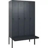 C+P Spind Classic PLUS, Bank, 4 Abteile, 2120x1200x815mm, 7016/7016 Verschluss Sicherheits-Drehriegel 4 Garderobenhaken Trennwand mittig Dekor Banklatten RAL 7021 Schwarzgrau Sitzbanktyp auskragend