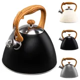 VILDE Wasserkessel Induktion 3L - Edelstahl Schwarz Matt - Flötenkessel mit Holzgriff-Imitat - Ideal für Moderne & Traditionelle Küchen - Pfeifkessel für Alle Herdarten Einschließlich Induktion