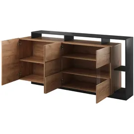 vente-unique Sideboard mit 4 Türen & 4 Ablagefächern - Mit LED-Beleuchtung - Holzfarben hell & Anthrazit - IDESIA
