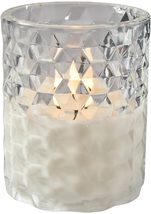 LED Kerze im Glas D9H10,5cm 2xAAA Batterien  - klar