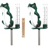 Lantelme 2 Stück Regenmesser Frosch mit Metall Erdspieß 55cm und 1 Stück Holz Innen Thermometer im Set Niederschlagsmesser für Garten Außen Dekoration Kunststoff Gartenstecker Gartendeko 9017