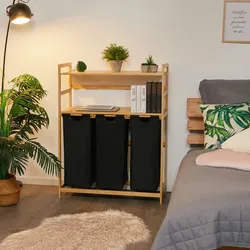 Relaxdays Wäschekorbregal mit 2 Ablagen, 3 ausziehbare Wäschesammler, HBT: 105 x 80 x 40 cm, Wäscheablage, natur/schwarz