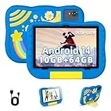 Hasskya 2024 Newest Kids Tablet 10 Zoll, Android 14 Tablets für Kinder von 3+ Jahren, Octa-Core 10+64GB (1TB erweiterbar), Kleinkind mit stoßfestem Gehäuse, 2.4G+5G WiFi 6, Kindersicherung(Blau)
