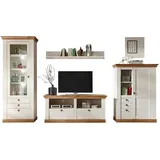 furn.design Wohnwand weiß Eiche Wotan, Metall, Nachbildung,Eiche, Pinie, Uni, Holz Optik, 6 Fächer, 8 Schubladen, 356x204x52 cm, Wohnzimmer, Wohnwände, Anbauwände