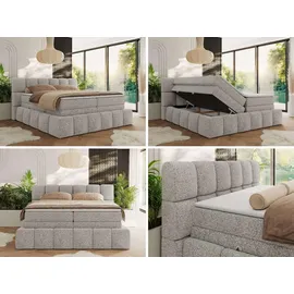 MKS Meble MKS Boxspringbett 180 x 200 mit bettkasten NIRA KING, Polsterbett 7 Zonen Multipocket-Matratze und Topper, Doppelbett - Hellgrau Strukture - H4 - Hellgrau