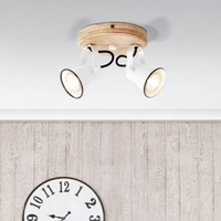 Lightbox 2 flammiger Deckenstrahler - dekoratives Spotrondell im Landhaus Design - Köpfe sind schwenkbar - Metall/Holz Weiß/Braun