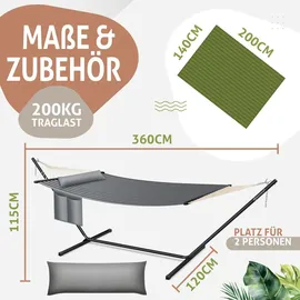 Kesser KESSER® Hängematte HILL mit Gestell Kissen Doppelhängematte für 2 Personen-Stabiler Rahmen 200kg Belastbarkeit Indoor & Outdoor XXL Hängesess... - Grau