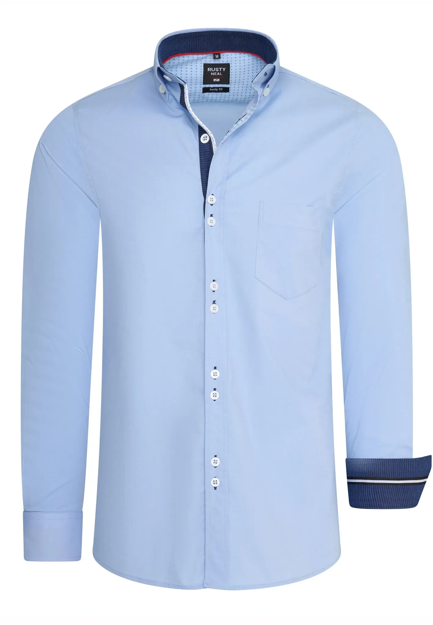 Langarmhemd RUSTY NEAL, Herren, Gr. XL, EURO-Größen, blau (hellblau), 97% Baumwolle, 3% Elasthan, unifarben, Hemden, mit ausgefallenen Doppel-Knöpfen