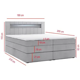 m-punkt Boxspringbett KUBA KING mit Bettkasten 180 x 200 cm Webstoff Grau mit Visco Topper Bett Bettkasten Taschenfederkern