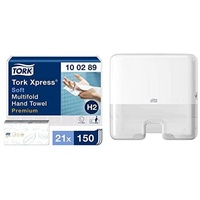 Tork Xpress weiche Multifold Papierhandtücher 100289 - H2 Premium Falthandtücher, 2-lagig, weiß & Xpress Mini Spender für Multifold Papierhandtücher 552100, Kompakter H2 Handtuchspender, weiß