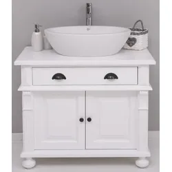 Casa Padrino Landhausstil Badezimmer Set Weiß - 1 Waschbeckenschrank & 1 Ovales Keramik Waschbecken - Badezimmer Möbel im Landhausstil - Landhausstil Möbel - Landhausstil Badezimmer Einrichtung