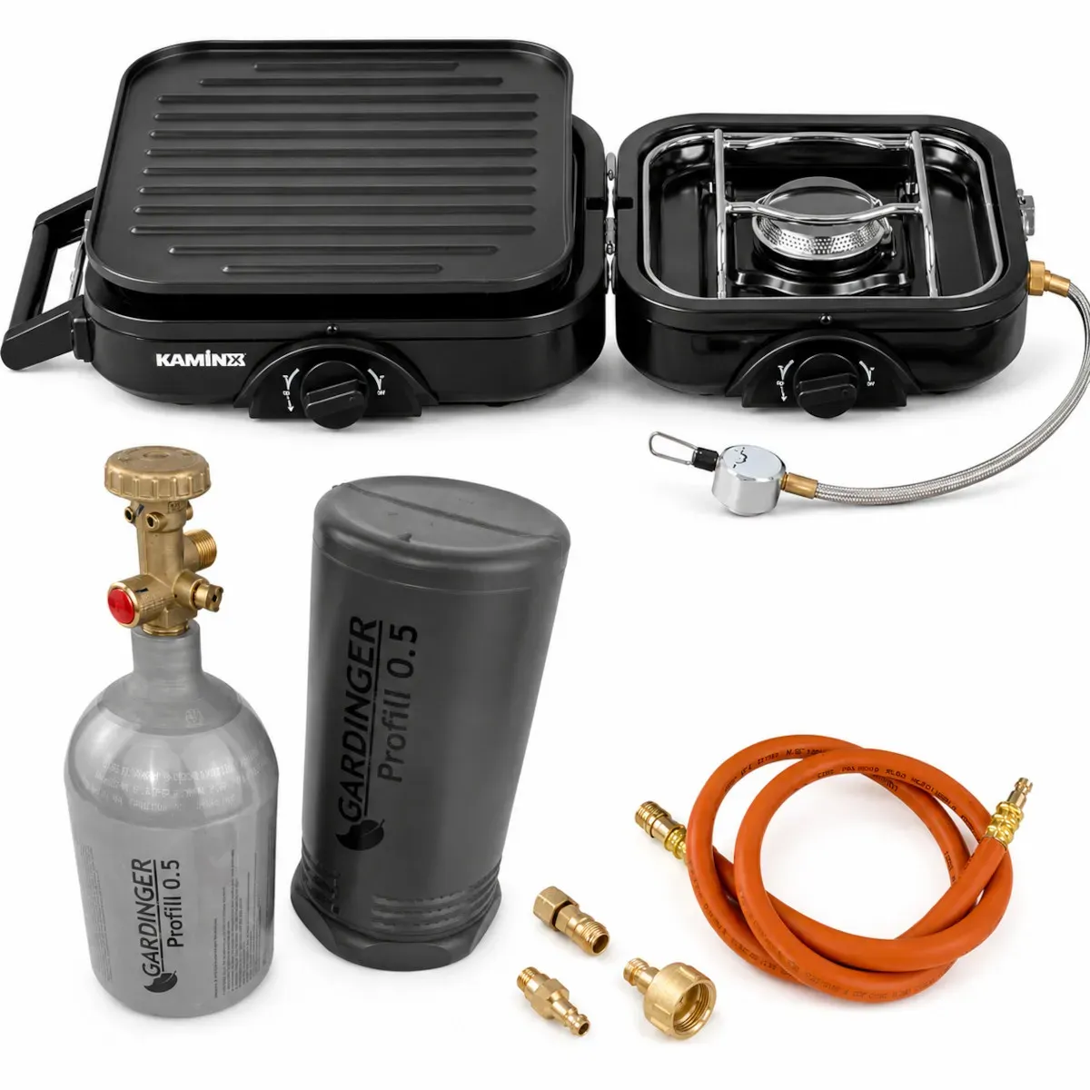 KAMINX Camping Gaskocher PB78 mit Grillplatte und Profill 0,5 l Propanflasche Ko...