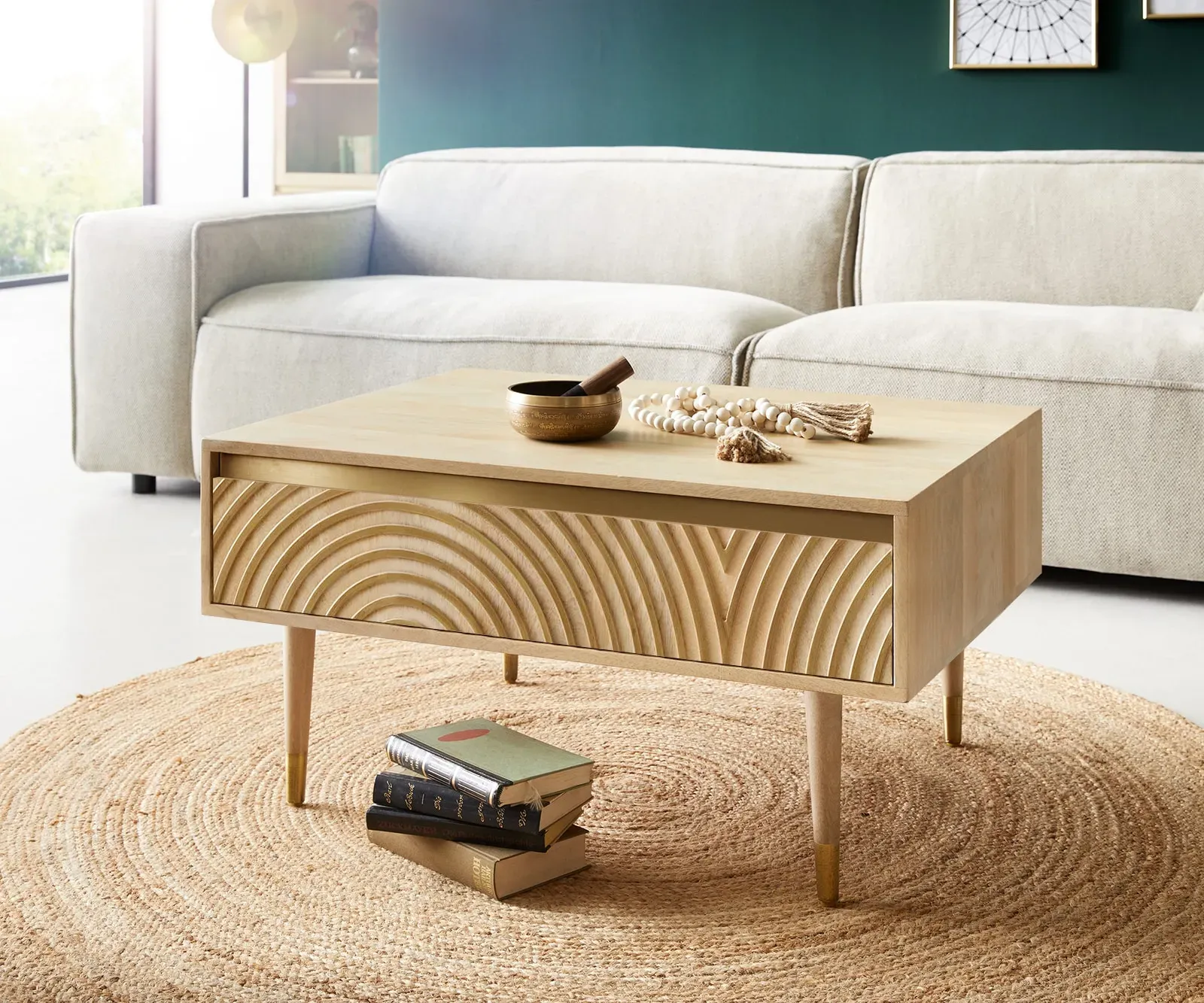 DELIFE Table-basse Budaya 80x60 cm Manguier Nature 2 tiroirs Pied rond, Tables basses
