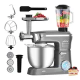 HOMELUX Küchenmaschine 3in1 Multifunktions Standmixer, 2000 W, 5 l Edelstahlschüssel,6 Geschwindigkeiten Knetmaschine Fleischwolf Rührmaschine... - Grau