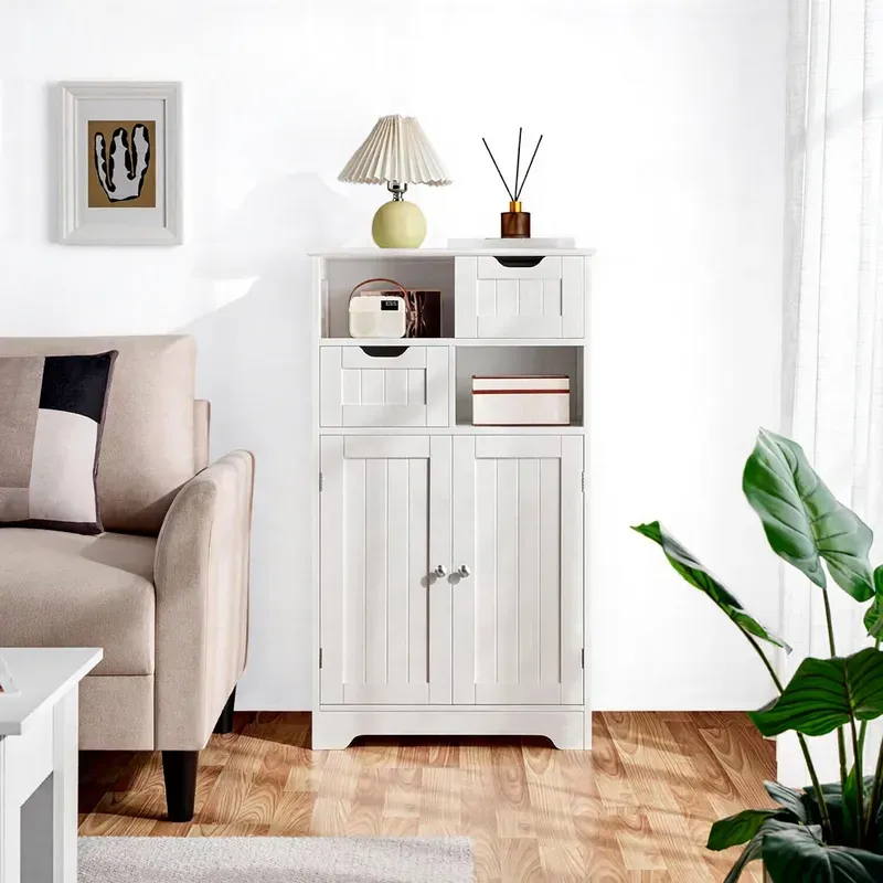 Yaheetech Badezimmerschrank, Sideboard, Badezimmerschrank, Kommode mit 2 Holzschubladen, Aufbewahrungsschrank, verstellbares Regal, offenes Fach, 60 x 30 x 104,5 cm, für Wohnzimmer, Badezimmer