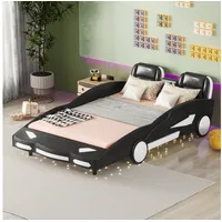 SOFTWEARY Autobett mit Lattenrost und Rausfallschutz (140x200 cm), Kinderbett, Kunstleder schwarz