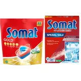 SOMAT Tabs 22 AW Gold, Geschirrspül Tabs für strahlend sauberes Geschirr auch bei niedrigen Temperaturen, Extra-Kraft gegen Eingetrocknetes + Somat Duo Power Experten Spezial-Salz 1,2kg