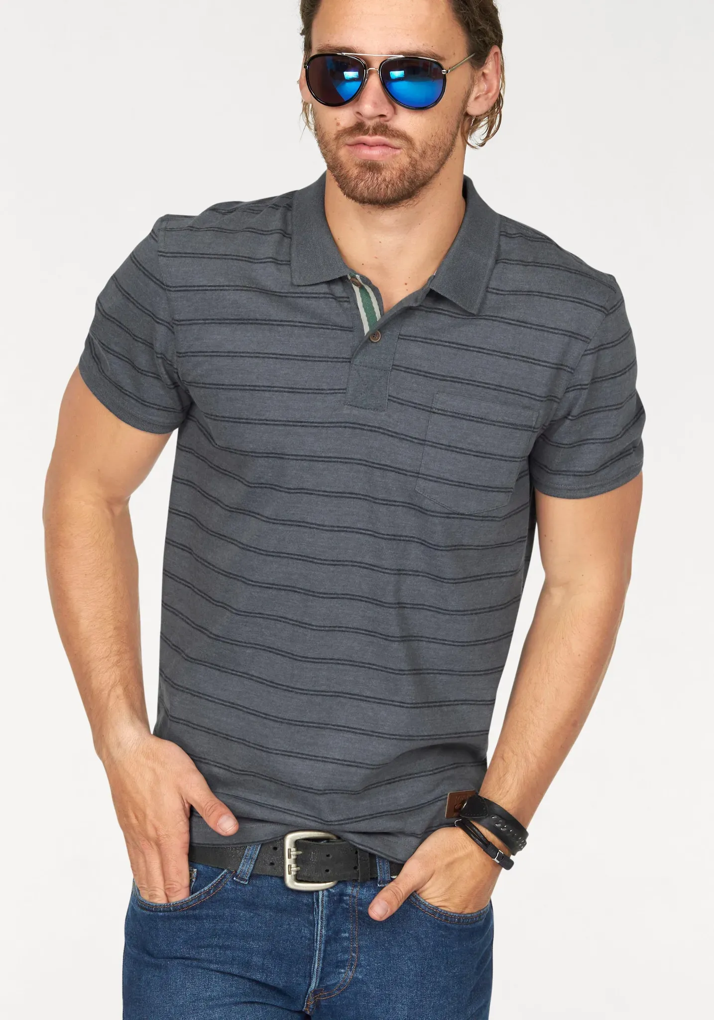 Poloshirt OCEAN SPORTSWEAR, Herren, Gr. XXL (60/62), grau, Single Jersey, Obermaterial: 60% Baumwolle, 40% Polyester, geringelt, Basic, Rundhals, Rippbündchen, Shirts, Kurzarm, Basic-Passform, mit klassischem Polokragen, Topseller