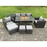8-sitzer Wicker Polyrattan Gartenmöbel Set Gas Feuerstelle Esstisch Gasheizung Brenner Mit 2 Sessel Beistelltische Fußhocker Dunkelgrau Gemischt - Fimous