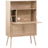 sweeek - Schreibschrank / Sekretär, 2 Türen und Regale, Holzeffekt, und Rohrgeflecht,