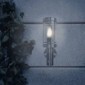 Grafner Edelstahl Wandlampe silber, Bewegungsmelder, IP44, E27 Fassung, ideal für smarte LED-Leuchtmittel, Klarlack-Beschichtung, Wandleuchte Wand...