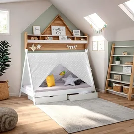 Homestyle4u Hausbett 90 x 200 cm Kiefer lackiert weiß grau