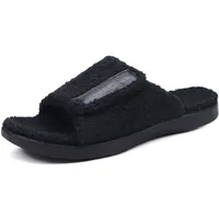 ONCAI Herren Hausschuhe mit Arch Support, Orthopädische Slides für Plantar Fasciitis, Komfort Yogamatte Memory Foam Warme Kunstfell Haus Pantoffeln Verstellbare Klettverschluss, Schwarz Größe 49 - 49 EU