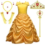 Timesun Puffärmel Angels Prinzessin Belle Kostüm Kleid für Mädchen Kinder Halloween Karneval Party Verkleidung Kronen Zepter Ketten Ringe Ohrringe Handschuhe (Gelb, 130)