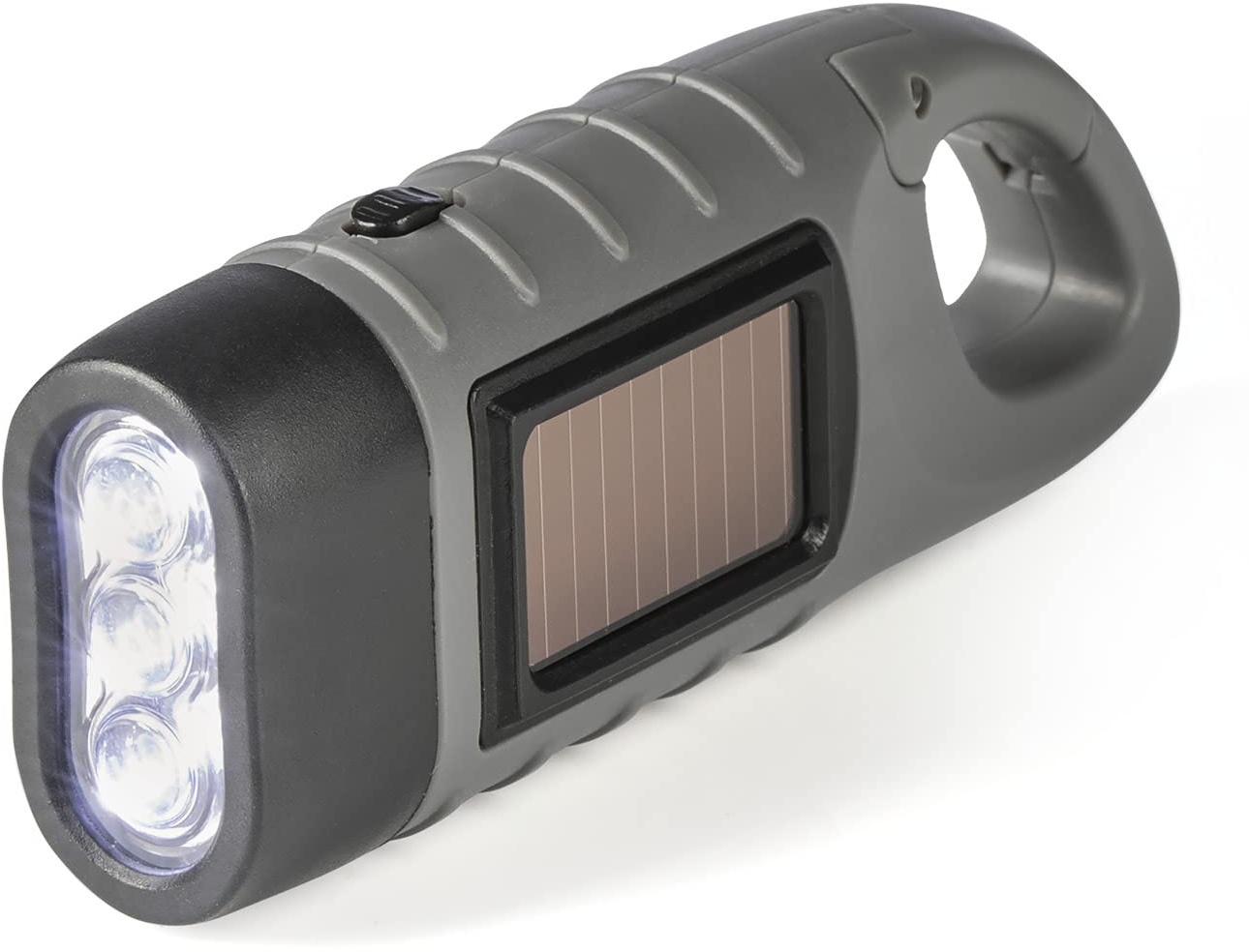 EASYmaxx Solar Taschenlampe mit Dynamo Kurbel | Notfall Solar & Dynamo Taschenlampe | helle LED Lampe | Indoor, Outdoor & Camping Notlicht mit Karabinerhaken zum Aufhängen [ohne Batterie]
