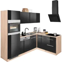 kochstation Winkelküche L-Form 230 x 170 cm schwarz hochglanz