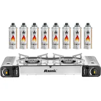 Mianova Campingkocher Doppel Gaskocher 2 flammiger Shisha Anzünder Grill Notfallkocher Kühltasche Gaskartuschen Gas Kocher Set Silber 8 Gasflaschen