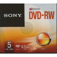 1x5 Sony DVD-RW 4,7GB 1-2x Speed, Jewel Case