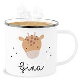 Geschenk mit Namen personalisiert by Shirtracer Emaille Becher Blechbecher - Süße Giraffe Giraffen Giraffenmotiv - 300 ml - Weiß Silber - einer name