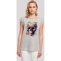 T-Shirt F4NT4STIC "Totenkopf Blumen", Damen, Gr. S, grau (erdgrau), Obermaterial: 100% Baumwolle, casual, regular fit, Rundhals, Kurzarm ohne Bündchen, Shirts, Print