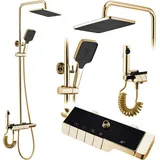 REA Duschgarnitur mit Thermostat ROB Gold Duschset Duscharmatur mit Duschkopf und Kopfbrause aus Messing für Badezimmer (Gold)