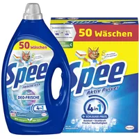 SPEE-Set Gel 1x 50 Waschladungen Deo-Frische Frische-Kick & Pulver 1x 50 Waschladungen Aktiv, Waschmittel mit 4 + 1 Formel, für Temperaturen von 20° - 95° C