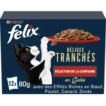 FELIX Köstliche Scheibchen Farm Selection mit Rind, Huhn, Ente, Pute in Gelee 12 x 80 g