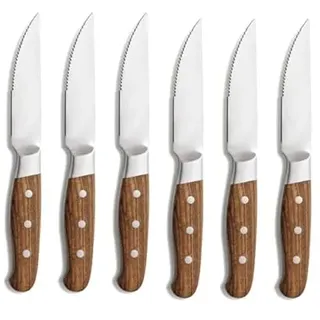 Comas 6er Set Steakmesser Holzgriff Edelstahl Steakbesteck Grillbesteck Messer Messerset Pizzamesser Silber Braun Aconcagua Chuleteros HQ matt