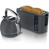 Arendo Frühstücks Set Edelstahl Wasserkocher 1,7l Kessel, Retro & 4-Scheiben Langschlitz Toaster, Cool Grey, Wasserkocher, Grau