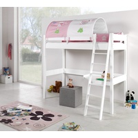 Natur24 Kinderbett Hochbett Renate Buche Massiv Weiß lackiert mit Schreibtisch und Textilset weiß