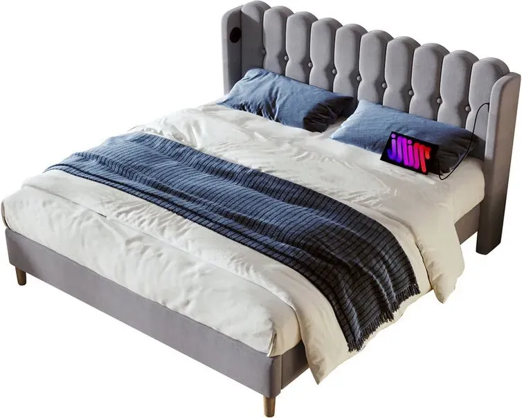 Polsterbett Doppelbett mit USB Typ C Ladefunktion, Bettgestell mit Lattenrost , Gepolstertes bett in Grau,180 x 200 cm Bettrahmen Jugendbett für Schlafzimmer Gästezimmer-Leinenmaterial -1