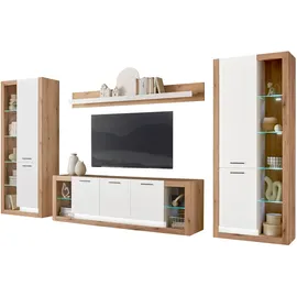 Home Affaire Wohnwand Brixen, moderne Anbauwand, Wohnzimmer-Set, Eiche Evoke Dekor mit Weiß, (Set, 4-St), enthält Stauraumelemente, Lowboard und Wandboard braun