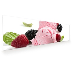 Primedeco Glasbild Wandbild Erdbeereis mit Minz mit Aufhängung, Süsses rosa 120 cm x 40 cm