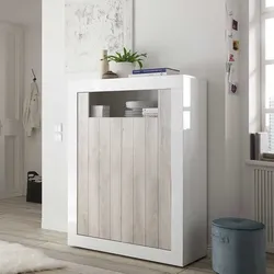 Wohnzimmer Kommode in Weiß Hochglanz und Pinie Weiß Dekor Sockel